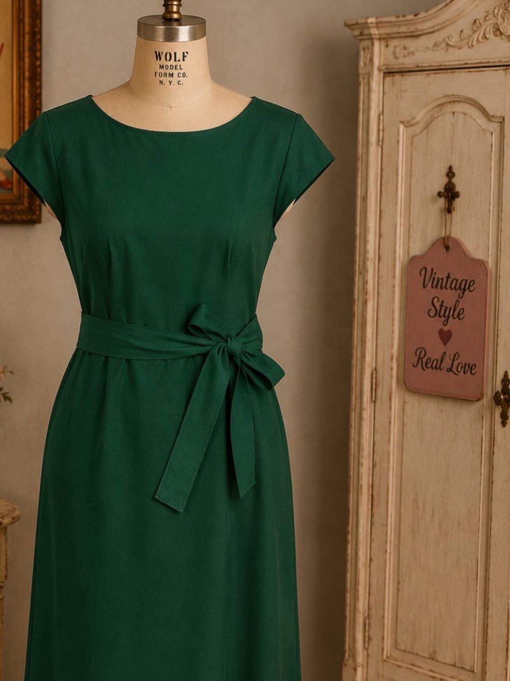 Retro pinup style dress- cotton blend/ cap sleeves - spring green color